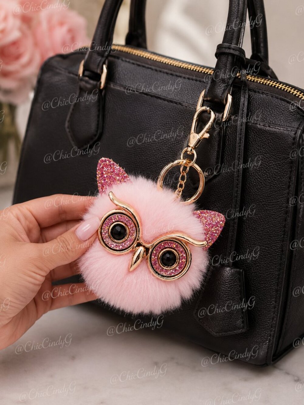 Pink Fluffy Owl Pom Pom Keychain Purse Charm with Sparkly Glasses 🦉 - Picture 3 of 5